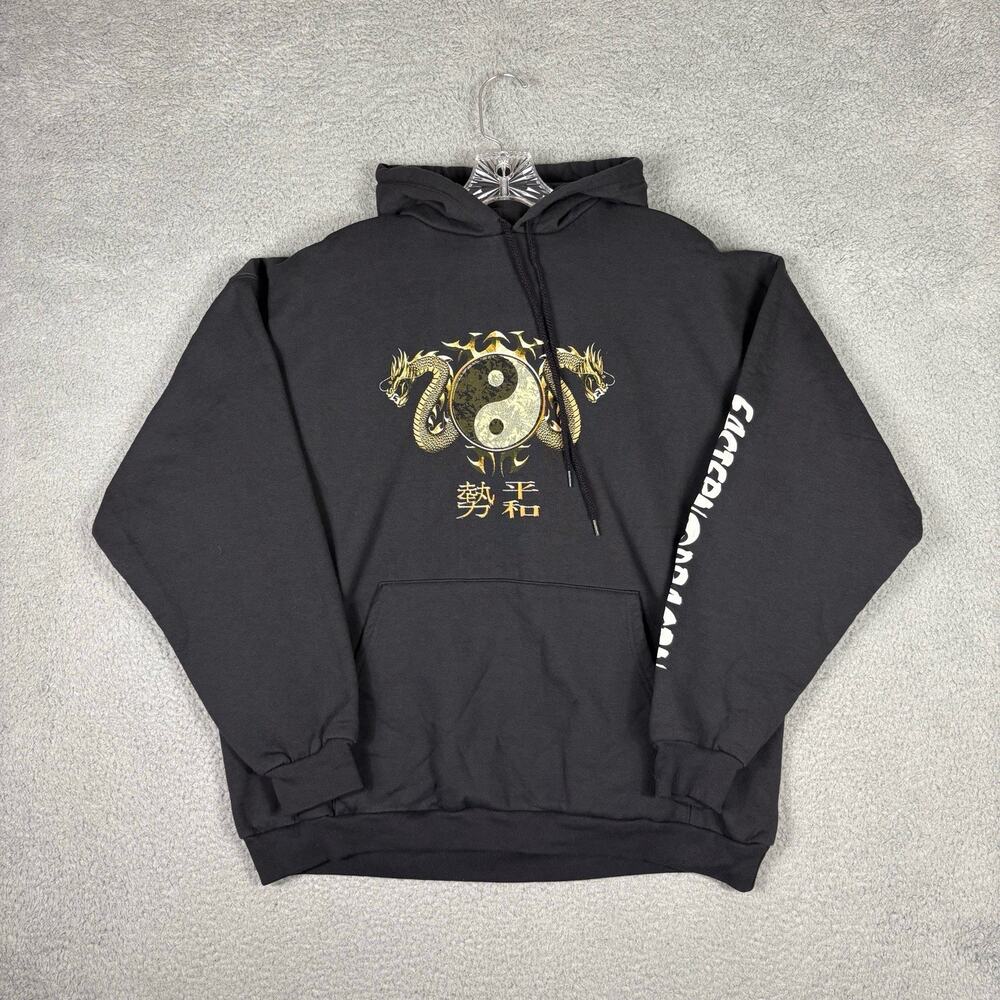 Vtg Y2K Yin Yang Dragon Hoodie Adult XL Black Skater Grunge Hip Hop Streetwear